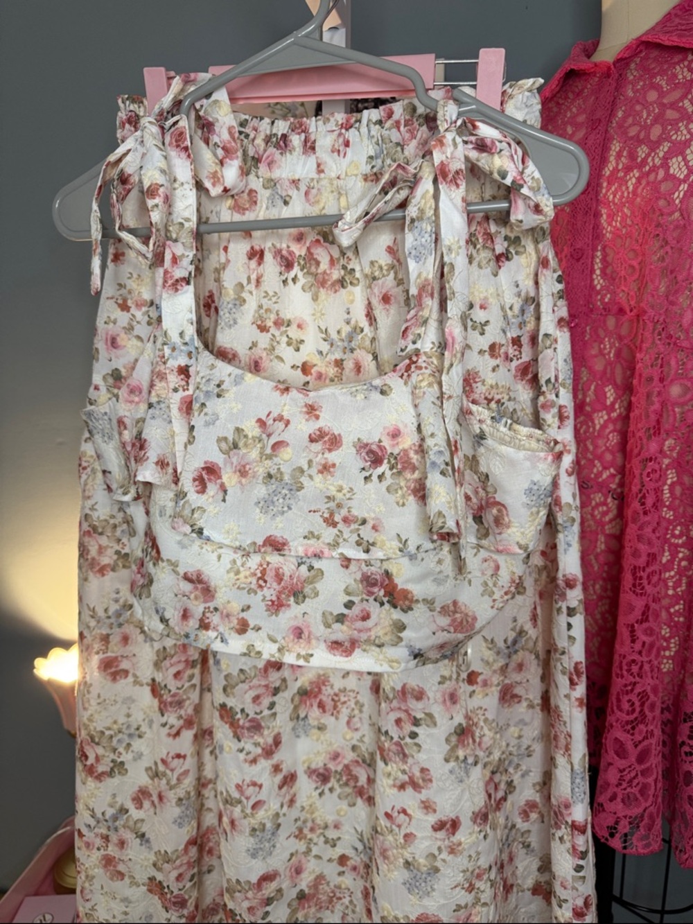 074 • Roses Print Cream Embroidery Floral Maxi Skirt Ruffle Crop Top Summer Set - Picture 5 of 11